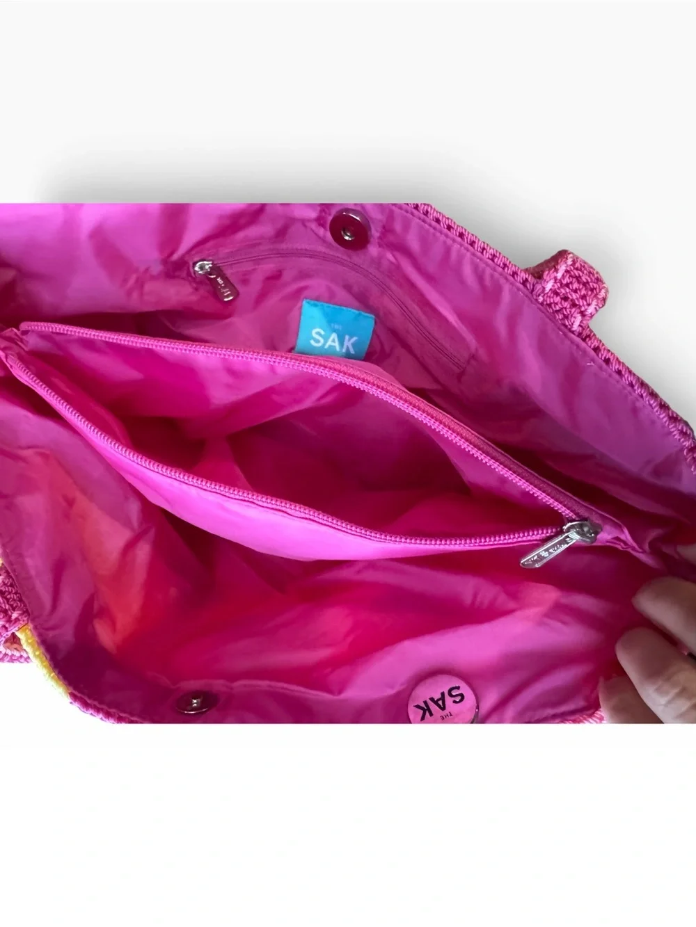 The Sak Pink Crochet Patchwork Fruit Tote with Wallet